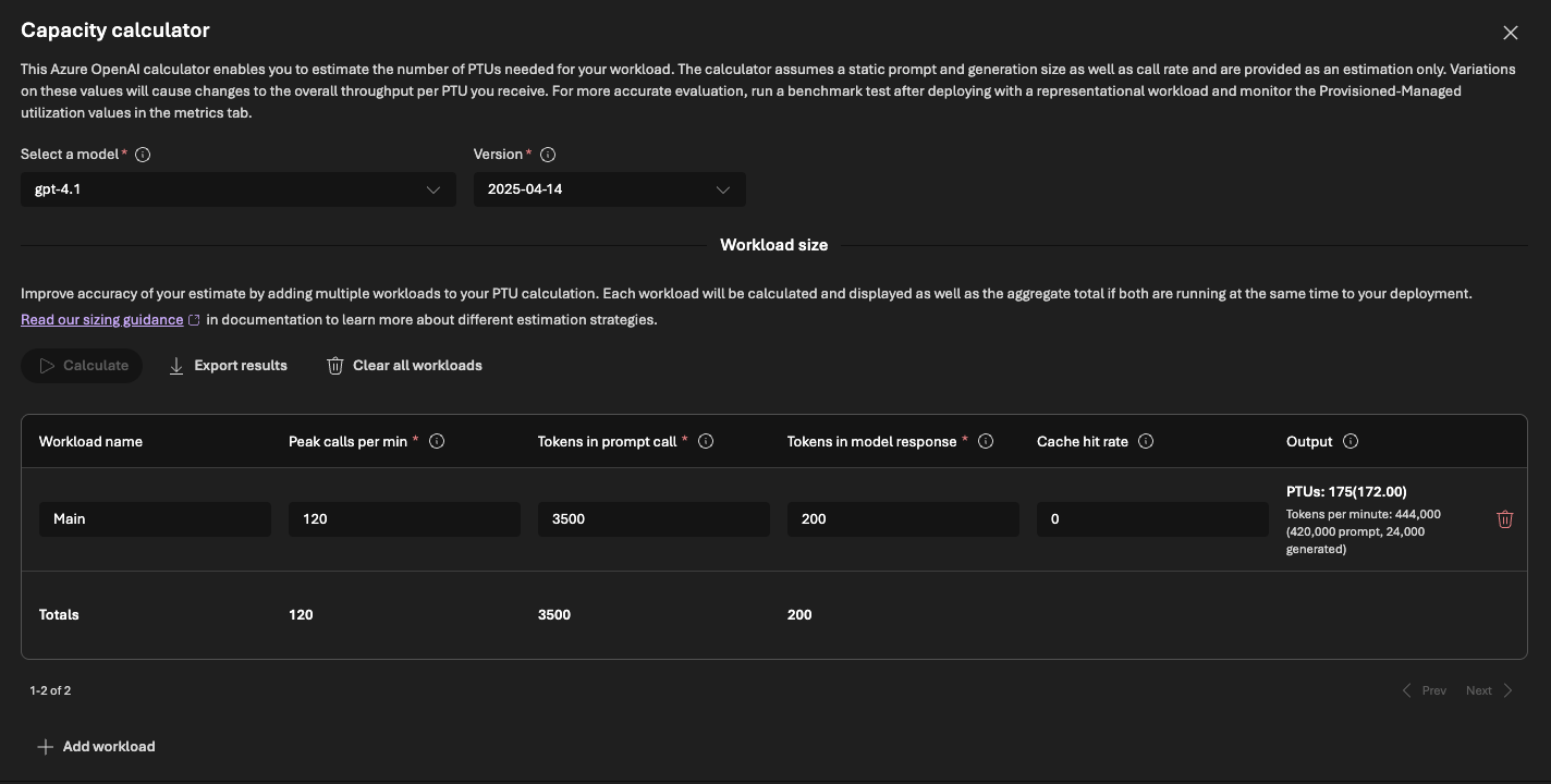 PTU calculator after trimming to one main workload